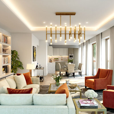Example of a transitional formal living room design in London with white walls