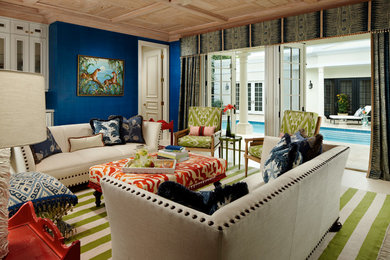 Living room - large traditional formal and enclosed white floor living room idea in Miami with blue walls, no fireplace and no tv