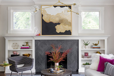Example of a mid-sized transitional dark wood floor living room design in Chicago with gray walls, a standard fireplace, a tile fireplace and no tv