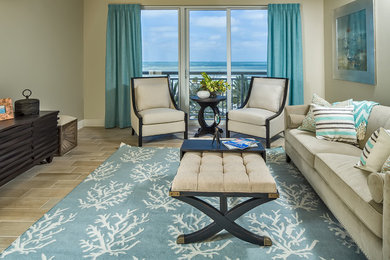 Beach style living room photo in Tampa with beige walls