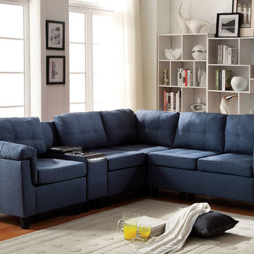 Cleavon Reversible Sectional Sofa With Console, Blue Linen and Espresso PU