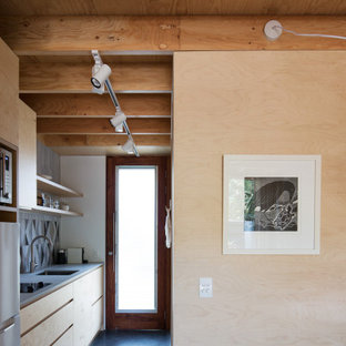 Kleines Modernes Wohnzimmer im Loft-Stil mit Betonboden, Wand-TV, Holzdielendecke und Holzwänden in Sydney