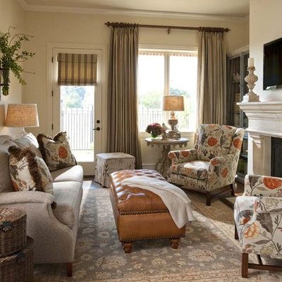 Living room - mid-sized traditional formal and open concept living room idea in Other with beige walls, a standard fireplace and a wall-mounted tv