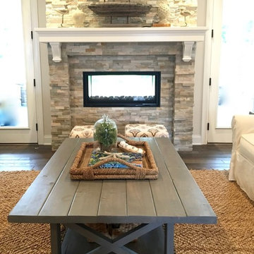 Coffee Table and Double-Sided Stone Fireplace