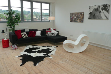 Inspiration for a modern living room in London with white walls and light hardwood flooring.