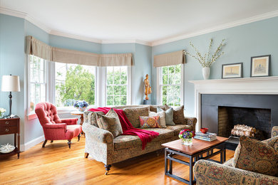 Example of a large transitional living room design in New York