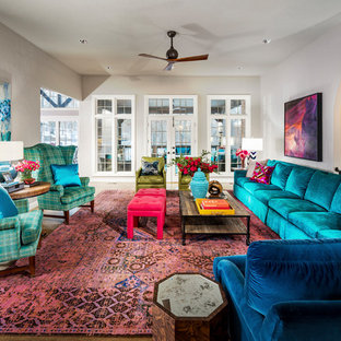 Living room - large eclectic open concept medium tone wood floor and brown floor living room idea in Other with gray walls, no fireplace and no tv