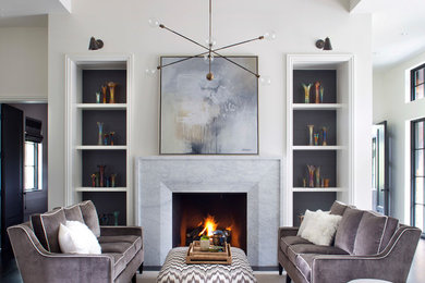 デンバーにあるトランジショナルスタイルのおしゃれなリビング (白い壁、濃色無垢フローリング、標準型暖炉、黒い床) の写真