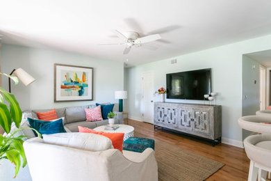 Diseño de salón abierto costero pequeño con paredes azules, suelo de madera en tonos medios y televisor colgado en la pared