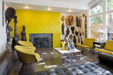 Example of an eclectic living room design in Portland with a tile fireplace