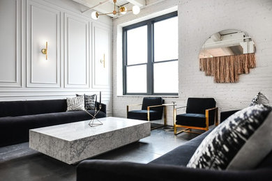 Пример оригинального дизайна: большая парадная, открытая гостиная комната в стиле модернизм с белыми стенами, бетонным полом и серым полом без камина, телевизора