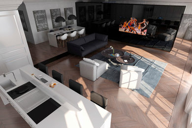 Photo of a large bohemian mezzanine living room in Other with white walls, medium hardwood flooring and a built-in media unit.
