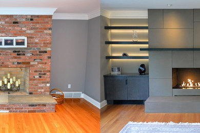 Inspiration for a mid-sized transitional medium tone wood floor living room remodel in New York with gray walls, a standard fireplace and a concrete fireplace