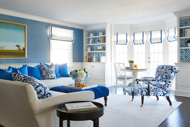 Inspiration för ett mellanstort vintage separat vardagsrum, med blå väggar och mörkt trägolv
