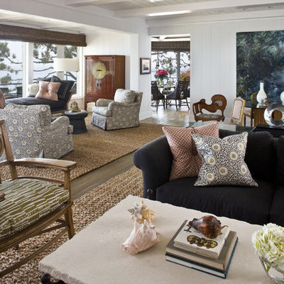 Example of a huge trendy living room design in Orange County with white walls and no tv