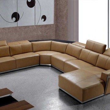 Contemporary Brown Leather Sectional with Retractable Headrests