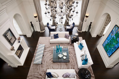 Large transitional formal and open concept dark wood floor living room photo in Toronto with a two-sided fireplace and white walls