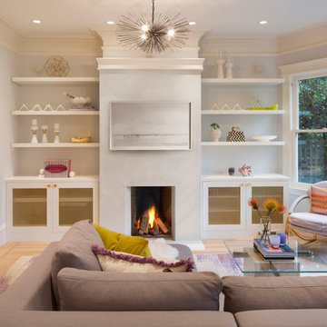 Contemporary Family Room with Porcelain Tile Hearth