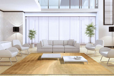 Medium sized contemporary open plan living room in New York with white walls and carpet.