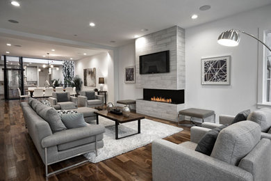 Inspiration for a contemporary dark wood floor and brown floor living room remodel in Chicago with gray walls and a ribbon fireplace