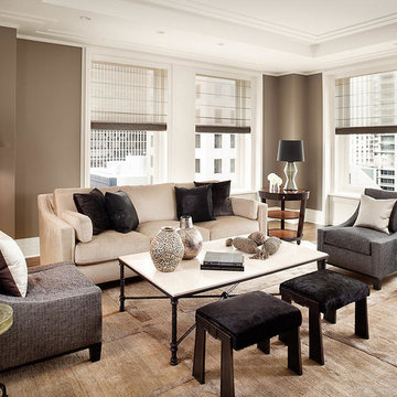 Contemporary High Rise Condo Living Room with Sheer Semi-Flat Roman Shades