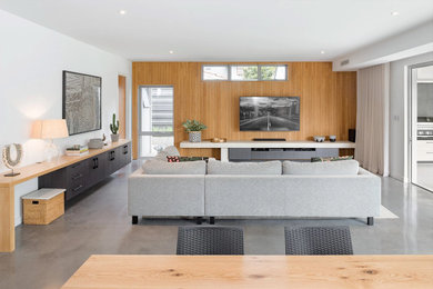 Diseño de salón abierto contemporáneo de tamaño medio sin chimenea con paredes marrones, suelo de cemento, televisor colgado en la pared y suelo gris