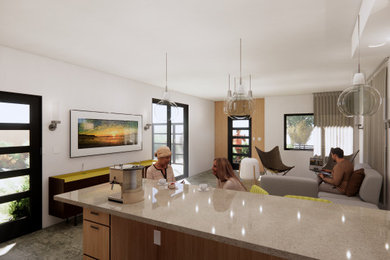 Diseño de salón abierto contemporáneo de tamaño medio sin chimenea y televisor con paredes blancas y suelo de cemento