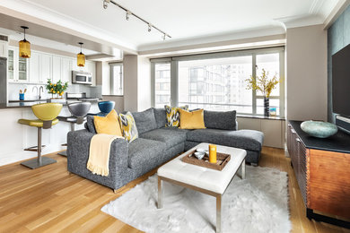 Mittelgroßes, Offenes Modernes Wohnzimmer ohne Kamin mit grauer Wandfarbe, hellem Holzboden, TV-Wand und beigem Boden in New York