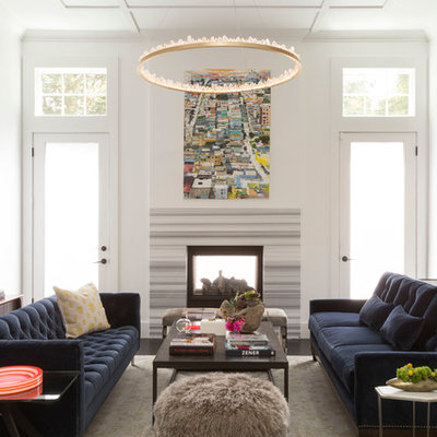 Living room - large contemporary formal dark wood floor living room idea in San Francisco with white walls and a two-sided fireplace