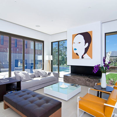 Large trendy open concept living room photo in Gold Coast - Tweed with white walls and a ribbon fireplace