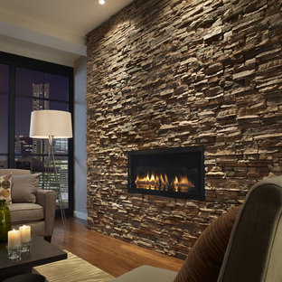 Inspiration pour un salon design avec un manteau de cheminée en pierre.