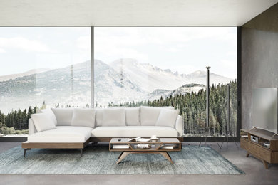 Imagen de salón para visitas cerrado contemporáneo de tamaño medio con paredes beige, suelo de cemento, televisor independiente, suelo gris y ladrillo