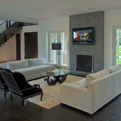 Trendy living room photo in Other with a standard fireplace, a wall-mounted tv and a plaster fireplace