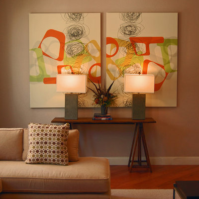 Trendy open concept medium tone wood floor living room photo in Sacramento with gray walls