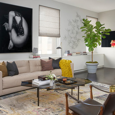 Living room - contemporary dark wood floor and brown floor living room idea in New York with white walls