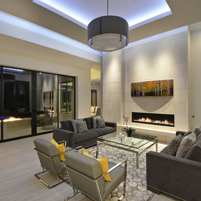 Trendy formal and open concept living room photo in Austin with white walls, a ribbon fireplace, a tile fireplace and no tv