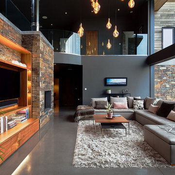 Contemporary living room: walnut, matte grey, stacked stone