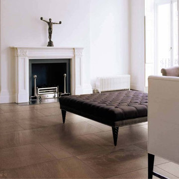 Contemporary living room with brown porcelain tiles