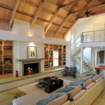 Inspiration for a huge contemporary open concept concrete floor living room remodel in DC Metro with a concrete fireplace, a standard fireplace, white walls and no tv