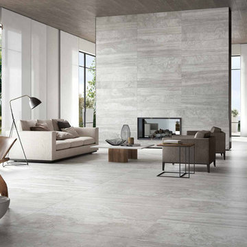 Contemporary living room with grey stone look porcelain tile
