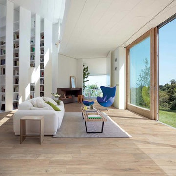 Contemporary living room with porcelain wood tiles