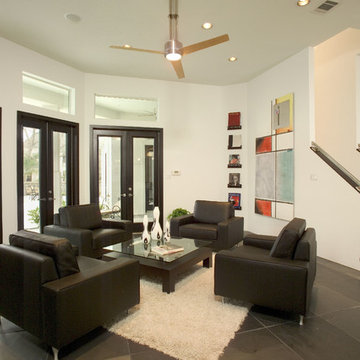 contemporary living room with wall of doors