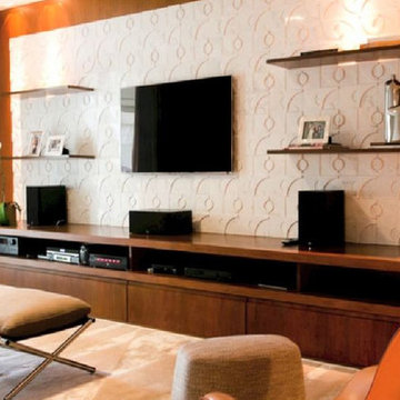 Contemporary living room with white marble mosaic wall