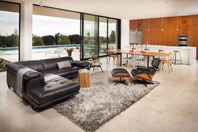 Living room - large contemporary open concept limestone floor living room idea in San Diego with white walls