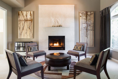 Mid-sized trendy enclosed carpeted living room photo in Omaha with gray walls, a standard fireplace and a stone fireplace