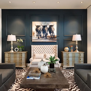 Example of a large transitional formal concrete floor and gray floor living room design in Phoenix with blue walls