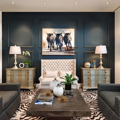 Example of a large transitional formal concrete floor and gray floor living room design in Phoenix with blue walls