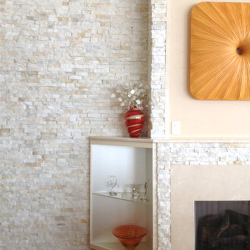Contemporary Stone Wall and Fireplace Living Room