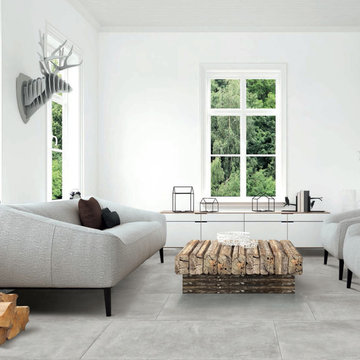 Contemporary white and grey living room with grey rectangle tile