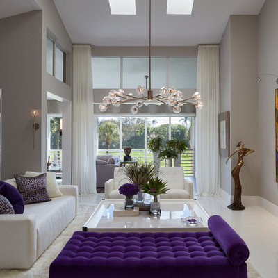 Example of a mid-sized trendy formal and open concept white floor living room design in Miami with gray walls, no fireplace and no tv